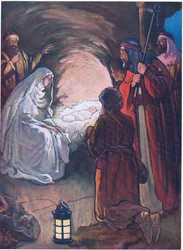 Ježíšek a pastýři, z knihy The Bible Picture Book vydané nakladatelstvím Thomas Nelson, cca 1950 (barevná litografie)