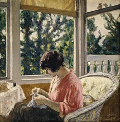 Mladá žena šije; Jeune Femme Cousant, asi 1913 (olej na plátně)