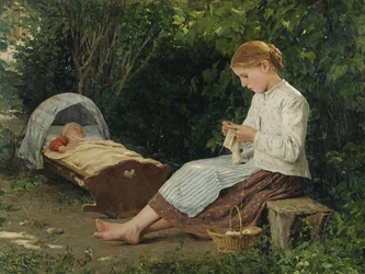 Pletená dívka sleduje batole v kolébce od Anker, Albert (1831-1910). Olej na plátně, rozměr: 54x70