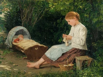 Pletení dívka, batole v kolébce. 1885