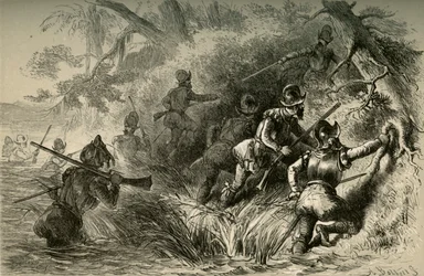 Francouzi postupují k útoku na španělskou pevnost na St. Johns, 1877.