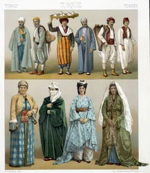 Turecké kroje 19. století. Ilustrace v «Le costume historique» od Racineta