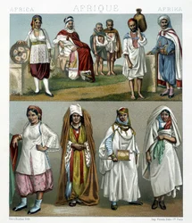 Barbarské kostýmy (Afrika). Ilustrace v „historickém kostýmu“ od Racinet