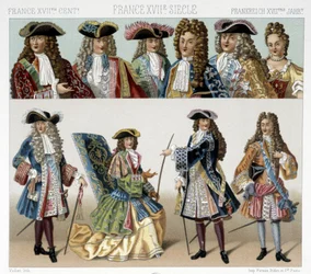Kostýmy a účesy francouzské šlechty v 18. století. Ilustrace v Racinetově díle „Le costume historique“