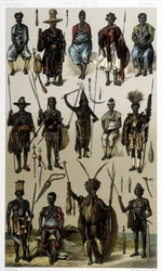 Kostýmy Guineje, Senegalu a Gabonu. Ilustrace v „Le Kostým historique““ od Racinet