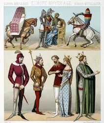 Středověké kostýmy ve Francii. Ilustrace v „Le Kostým historique““ od Racinet