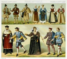 Kostýmy šlechty a lidové kroje Francie v 16. století. Chromolitografická tabule - v díle „Le costume historique“ od Racineta