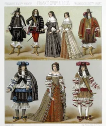 Kostýmy šlechty ve Francii v 18. století. Ilustrace v díle „Le costume historique“ od Racineta
