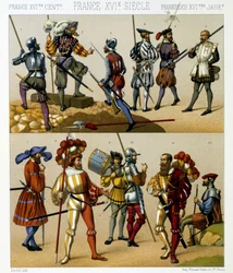 Francouzské vojenské kostýmy v 16. století. Chromolitografická tabule - v díle „Le costume historique“ od Racineta