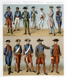 Francouzské vojenské kostýmy v 18. století. Ilustrace v díle „Le costume historique“ od Racineta