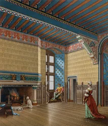 Interiér francouzského obydlí z 15. století, litografie od Charpentiera z Le Costume historique (Úplná historie kostýmů)