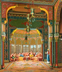 Interiér turecké budovy, ilustrace z kompletní historie kostýmů od Auguste Racineta