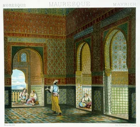 Interiér maurského domu (Alhambra, síň Požehnání). Chromolitografická tabule - v díle „Le costume historique“ od Racineta