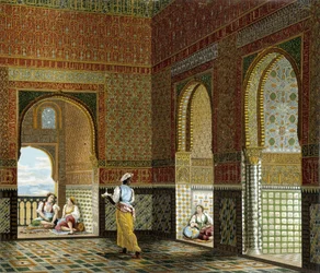 Interiér maurského domu (Alhambra, Síň požehnání). Chromolitografická tabule - v knize „Le costume historique“ od Racineta