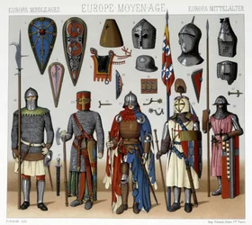 Vojenské kostýmy a přilby ve Francii od 13. do 15. století. Ilustrace v „“Le Kostým historique““ od Racinet