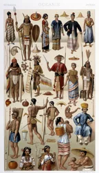 Lidé z Malajsie a Polynésie (Oceánie). Ilustrace v „“Le Kostým historique““ od Racinet