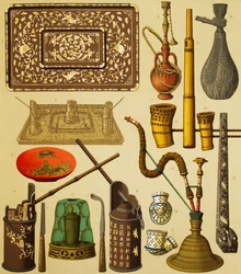 Dýmka a předměty používané kuřáky, litografie Schmidta z Úplné historie kostýmů, první díl, Auguste Racinet (1825-1893), Paříž