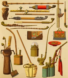 Dýmka a předměty používané kuřáky, Schmidtova litografie z Úplné historie kostýmů, první díl, Auguste Racinet (1825-1893), Paříž