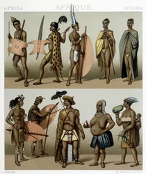 Tradiční kostým Cafrerie (Polední část Afriky). Ilustrace v „“Le Kostým historique““ od Racinet