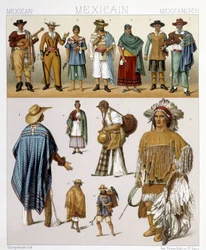 Tradiční mexické kostýmy. Ilustrace v „Historickém kostýmu“ od Racinet