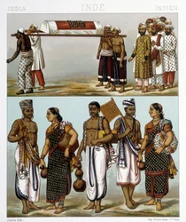 Tradiční kostýmy muslimů (nahoře na obrázku) a hinduistů (dole) žijících v Indii. Ilustrace v „“Le Kostým historique““ od Racinet