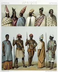 Tradiční kroje Senegalu. Ilustrace v „Le Kostým historique““ od Racinet