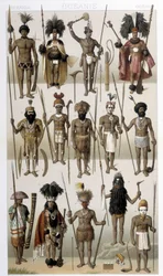 Tradiční kostýmy původních obyvatel Oceánie. Ilustrace v „“Le Kostým historique““ od Racinet