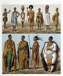 Různí muži z jižní Afriky. Ilustrace v „Le Kostým historique““ od Racinet