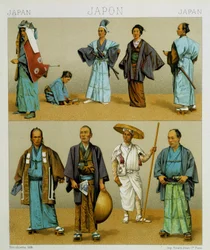 Různé tradiční japonské mužské kostýmy včetně kimona. Chromolitografická deska - v „“Le Kostým historique““ od Racinet