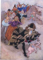 Před nimi běžel pán řídící prase, z hospody The Water Babies. Humphrey Milford Oxford University Press, kolem roku 1930 (barevné lito)