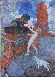 Vzal živé uhlí a dal ho do koláče Grimes z hospody The Water Babies. Humphrey Milford Oxford University Press, kolem roku 1930 (barevné lito)