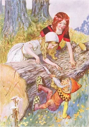 Velmi pečlivě ostříhala jemné bílé vousy (z příběhu Sněhurka a růže-červená), ilustrace z A Staircase of Stories vydané nakladatelstvím Thomas Nelson & Sons Ltd 40. léta (barevné lito)