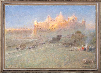 Jumna Musjid, Agra, svítání (akvarel s tělovou barvou a tuší)