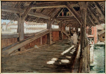 Most Tance mrtvých (Spreuerbrucke) v Lucernu. Obraz Alberta Goodwina (1845-1932). Olej na plátně. Soukromá sbírka.