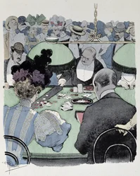 Pár u herního stolu - kresba Guillaume, konec 19. století