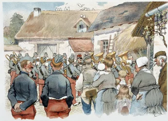 Vojenská kapela ve vesnici v „“Vojenském albu““ od Alberta Guillauma (1873-1942), kolem roku 1900