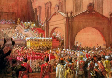 Císař Mikuláš II. na Rudém schodišti po své korunovaci, 1896.