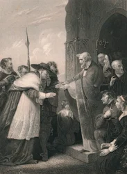 Kardinál Wolsey vstupuje do opatství Leicester, 1530, polovina 19. století.