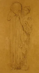 Dívka se džbánem, cca 1867 (černobílé křídy na hnědém papíře)