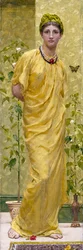 Rapsodie ve žluté s motýlem. Mladá žena zahalená do žluté. Obraz Alberta Josepha Moorea (1841-1893), prerafaelita. Soukromá sbírka
