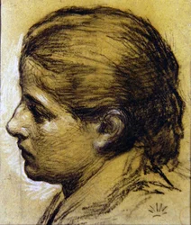 Studie dívčí hlavy, asi 1870 (uhel na modrém papíře s voskem)