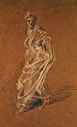 Studie dívky, která vykročila vpřed a měla na sobě dlouhé šaty, kolem roku 1870 (černobílá křída na hnědém papíře)