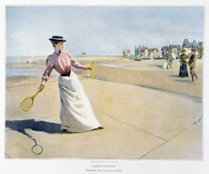 Část hry v tenisu na trávníku na pláži (Normandie?), ilustroval Albert Lynch