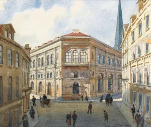 "Portrét rižské burzy v Lotyšsku"" (Pohled na rižskou burzu) Akvarel od Alberta Benoise (1852-1936) - 1880 Rozměr 22,5x27 cm Soukromá sbírka