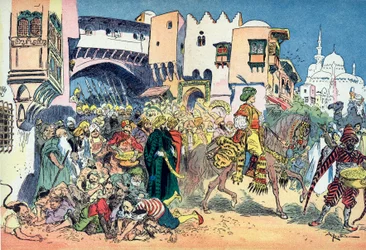 Aladin jezdící ulicemi města a hází kolem sebe peníze Ilustrace Albert Robida (1848-1926) k pohádce „Aladin a nádherná lampa“ v „“les mille et une nuits“ (ilustrace k pohádce „“Aladin“ “ v „Knize jednoho Tho