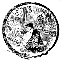 Alchymista nahlížející pod dohledem sovy a démona do svých grimoárů (magické - kabalistické formule) - rám obrazu tvoří had zakusující se do vlastního ocasu - iniciála ve tvaru písmene O - ilustrace Alberta Robidy (1848-1926) pro kapitolu H