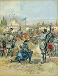 Pátá italská válka (1515-1516): Pierre Terrail de Bayard (1476-1524) brnění Francois 1. (1494-1547) rytíř po bitvě u Marignan (Maregnano) (Itálie), večer 14. září 1515. Ilustrace
