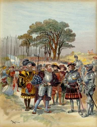 Pátá italská válka (1515-1516): v táboře ustoupil z Bicocca (bicoque) před Milánem (Itálie), v roce 1516 Švýcaři požadovali výplatu, conge nebo bitvu, Odet de Foix, vikomt de Lautrec, marechal Francie (1485-1528) je nemohl zaplatit. Ilustrace