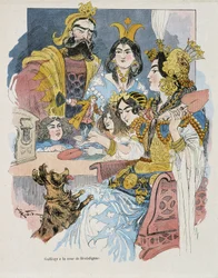 Gulliver u soudu Brobdignac - v "" Gulliver Voyages "" od Swifta, ill. od Robida