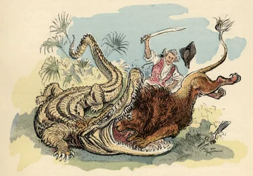 Ilustrace Albert Robida v „“Historie a dobrodružství barona de Munchausen“ (Munchhausen), H. Laurens Ed., konec 19. století.““